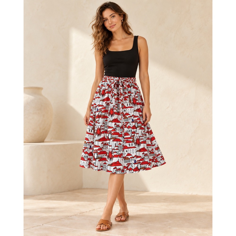 Porridge Anthropologie Village Print Belted Midi Skirt Red White Village Medium